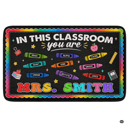 Personalized Teacher Classroom Rug, Custom Back to School Welcome Mat with Name, Kindergarten Preschool Elementary Decor, Composition Notebook Carpet (A01)
