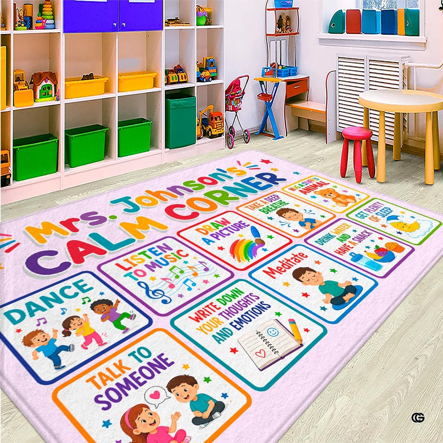 Personalized Calming Corner Rug for Classroom, Custom Teacher Name Reading Corner Rug, Emotions Feelings Carpet, Soft Fluffy Calm Corner Decor for School Reading Nook (Calming Corner)