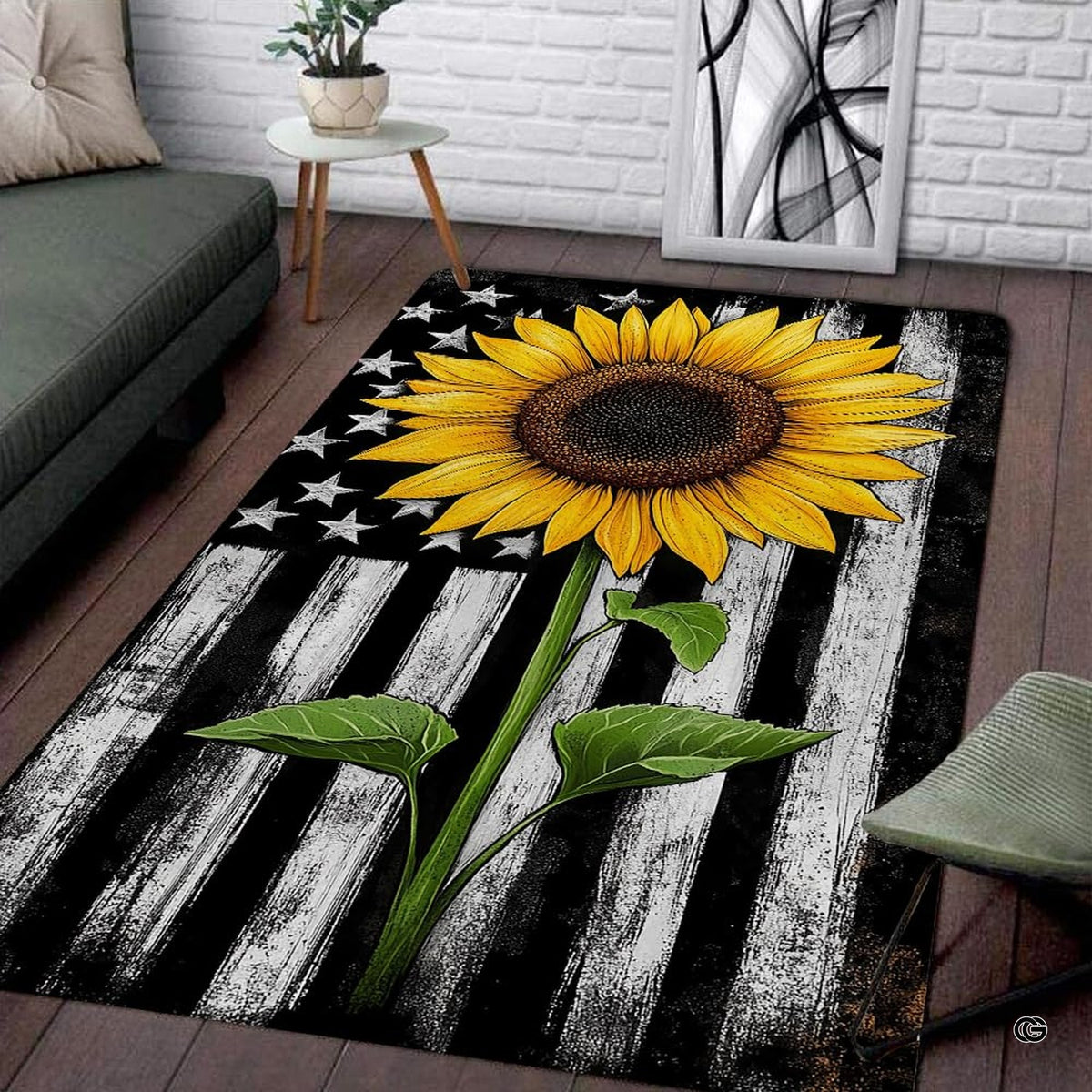 Patriotic sunflower American flag living room area rug with rustic distressed stripes