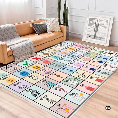 Core Vocabulary Rug, Communication Rugs for Kids Sped Classroom Rug, Autism Carpet, Speech Therapist Decor, Classroom Carpet, Back to School Mat for Kids Room Decor (STYLE4, X-Small (2x3 feet))