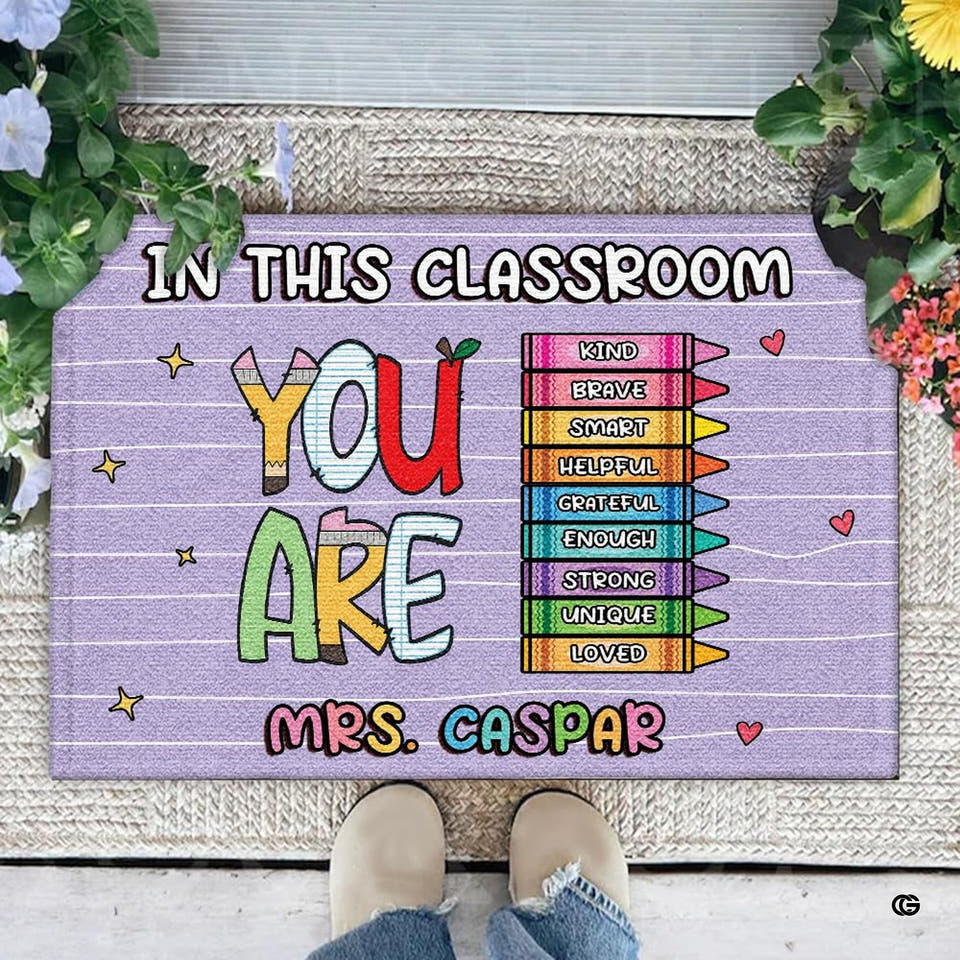 Personalized Teacher Welcome Door Mat with Name, Composition Notebook Style, Perfect Classroom Decor & Back to School Gift for Teachers (in This Classroom #1)