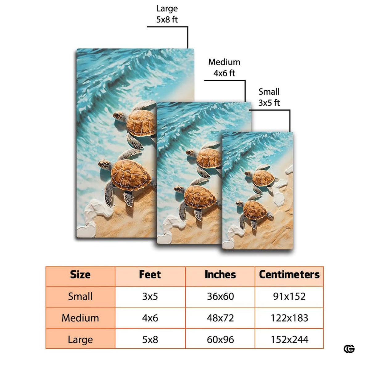 Detailed amber shell markings and flippers on sea turtle motif for seaside area rug styling.