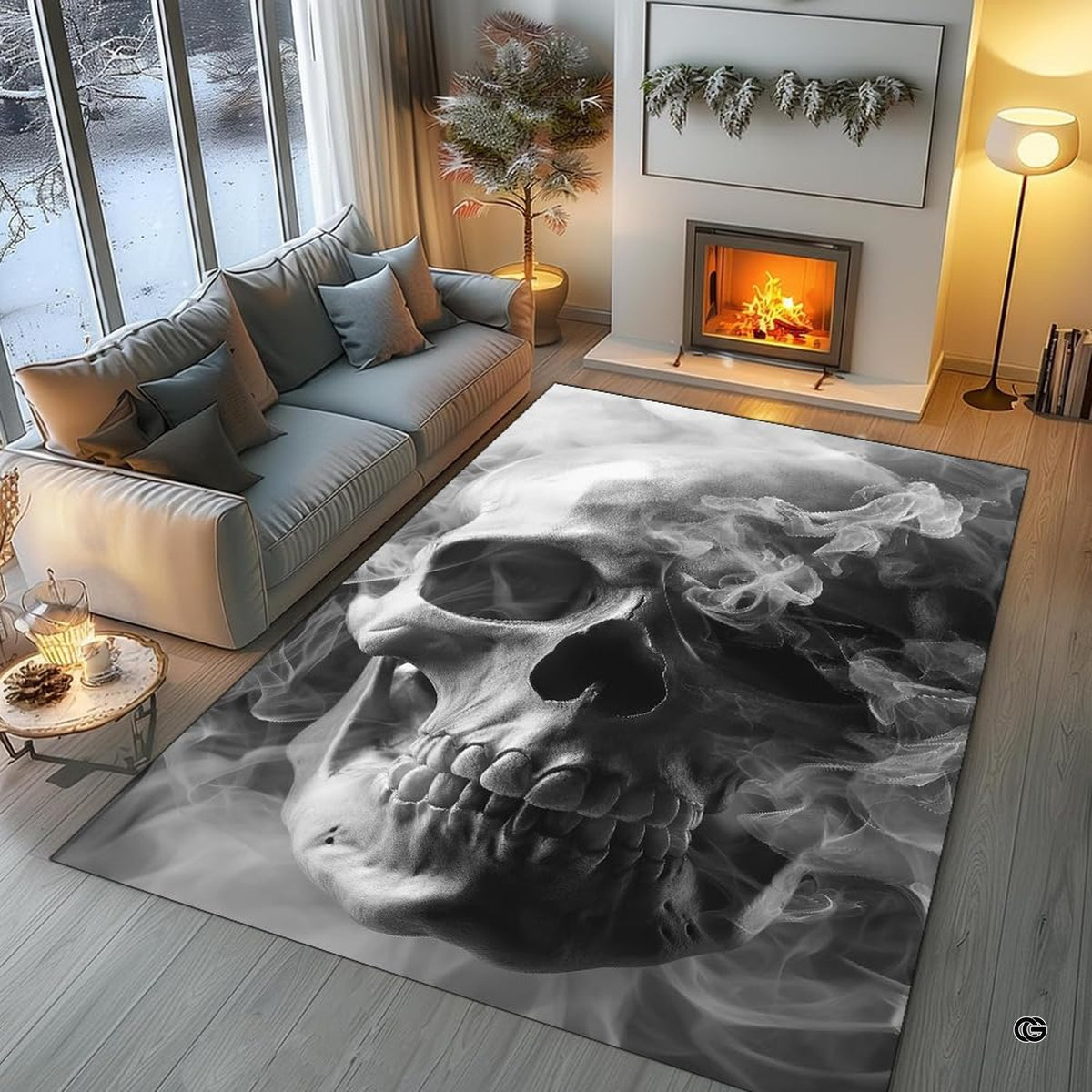 Living room fireplace scene displaying the angled smoke human skull area rug with dynamic mist plumes - image 1 of 8
