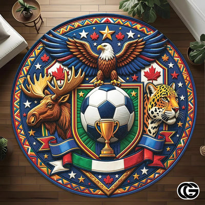 Custom Soccer Championship Round Rug with World Flags and Trophy
