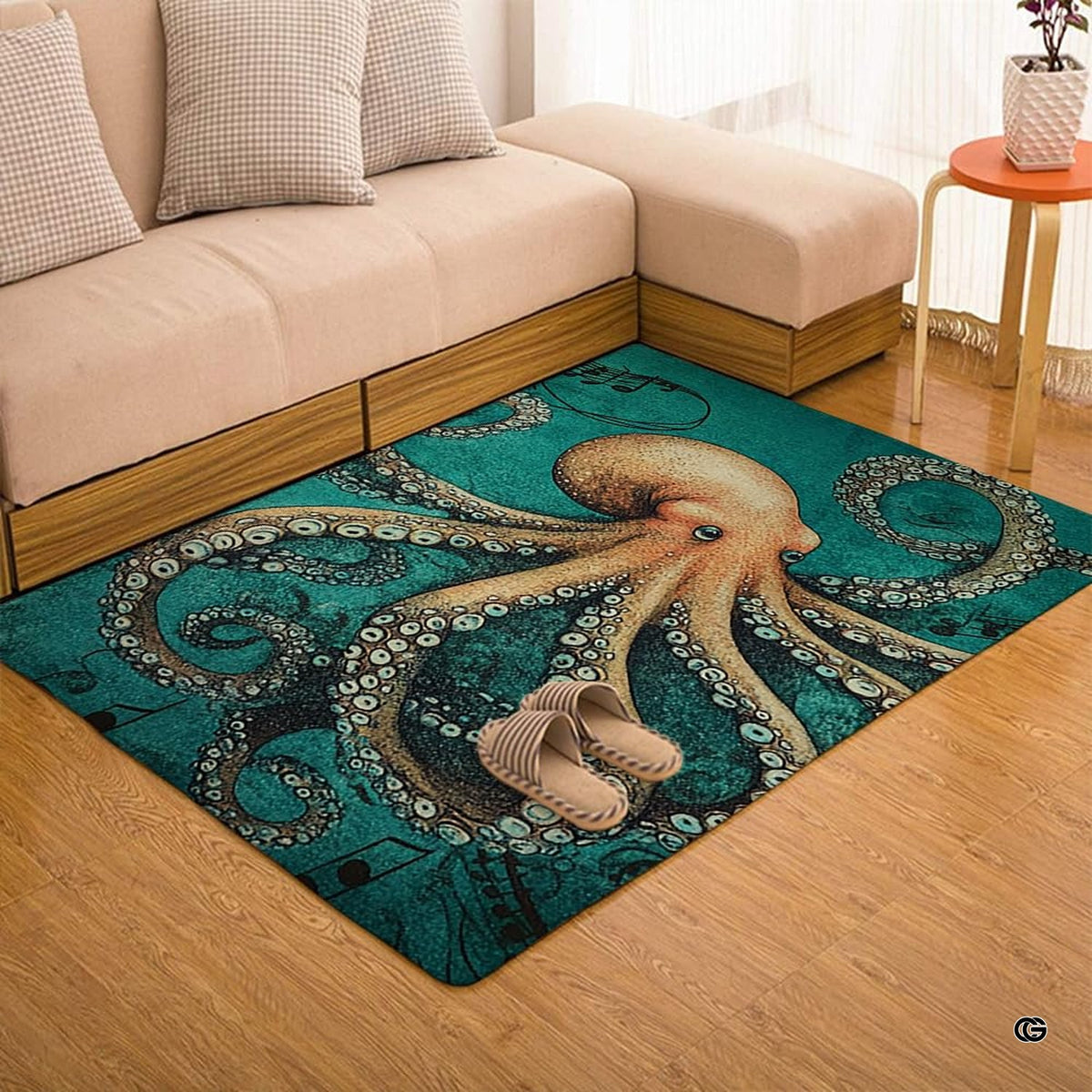 Full display of the vintage kraken sea creature area rug decorative accent hardwood flooring. - image 7 of 7