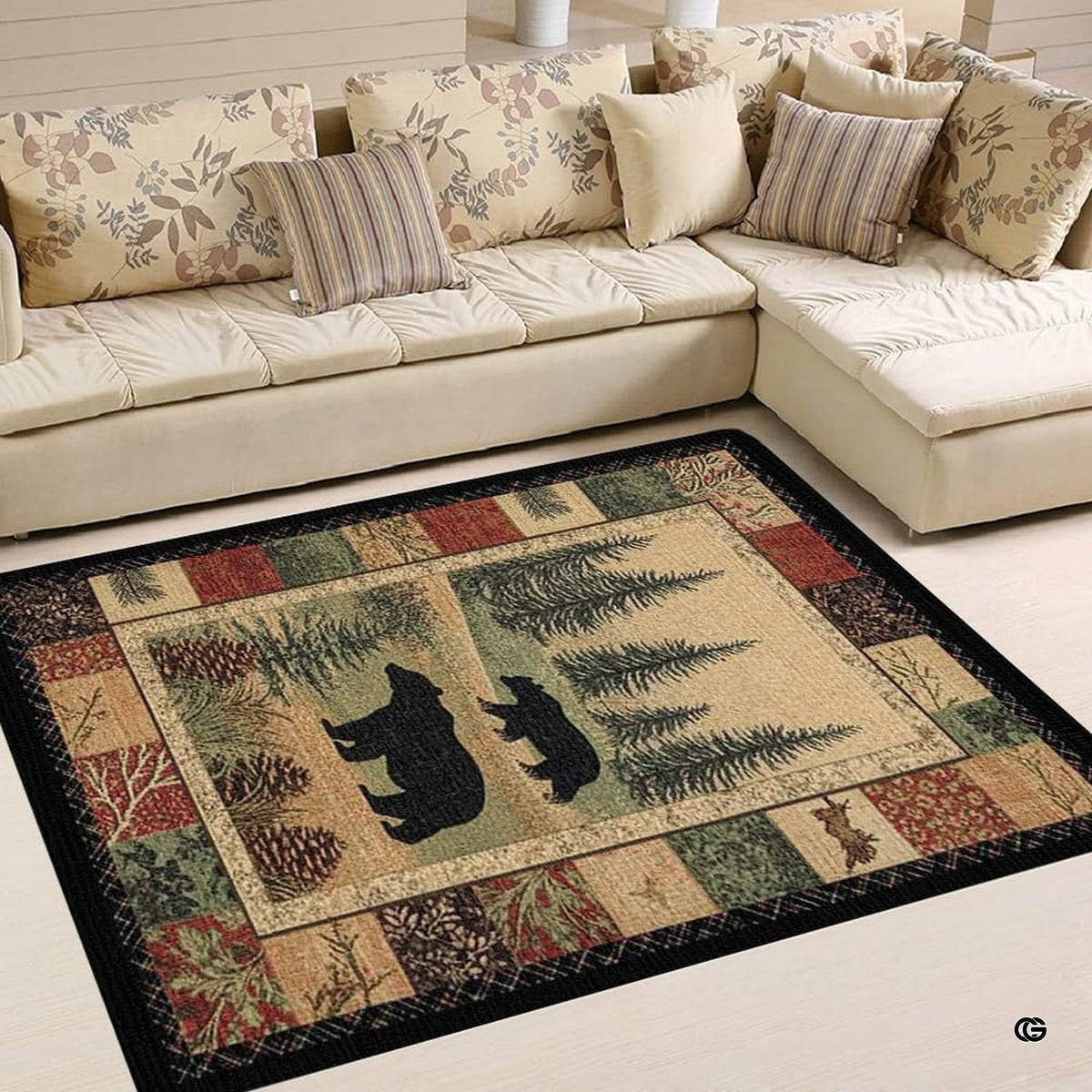 Floor mockup highlighting the black bear lodge rug beside sofa furnishings
