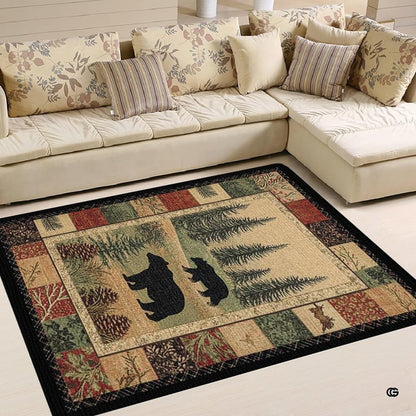 Floor mockup highlighting the black bear lodge rug beside sofa furnishings - thumbnail image 2 of 5
