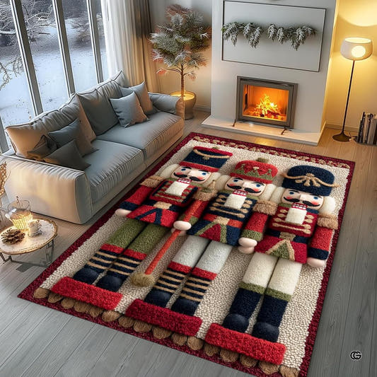 Top-down view of rectangular area rug featuring three Christmas nutcracker soldiers in a living room.