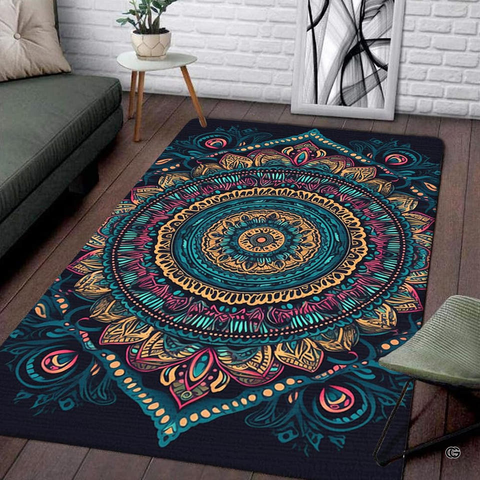 Boho mandala rug showing intricate circular medallion and floral filigree in rich teal and amber gold tones.