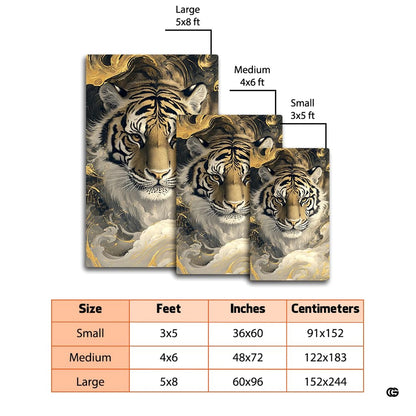 Close-up view of tiger area rug displaying regal feline artwork framed by radiant amber tones and leaf veins. - thumbnail image 2 of 8