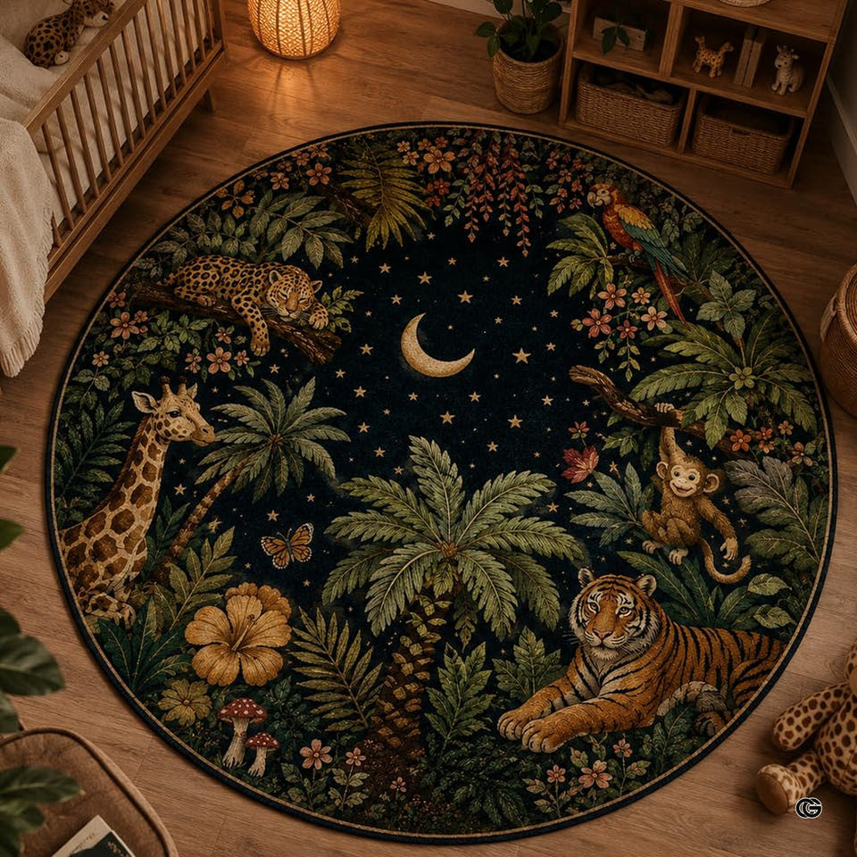 Round jungle rug nursery style with illustrated tiger, giraffe, and leopard around starry night sky.