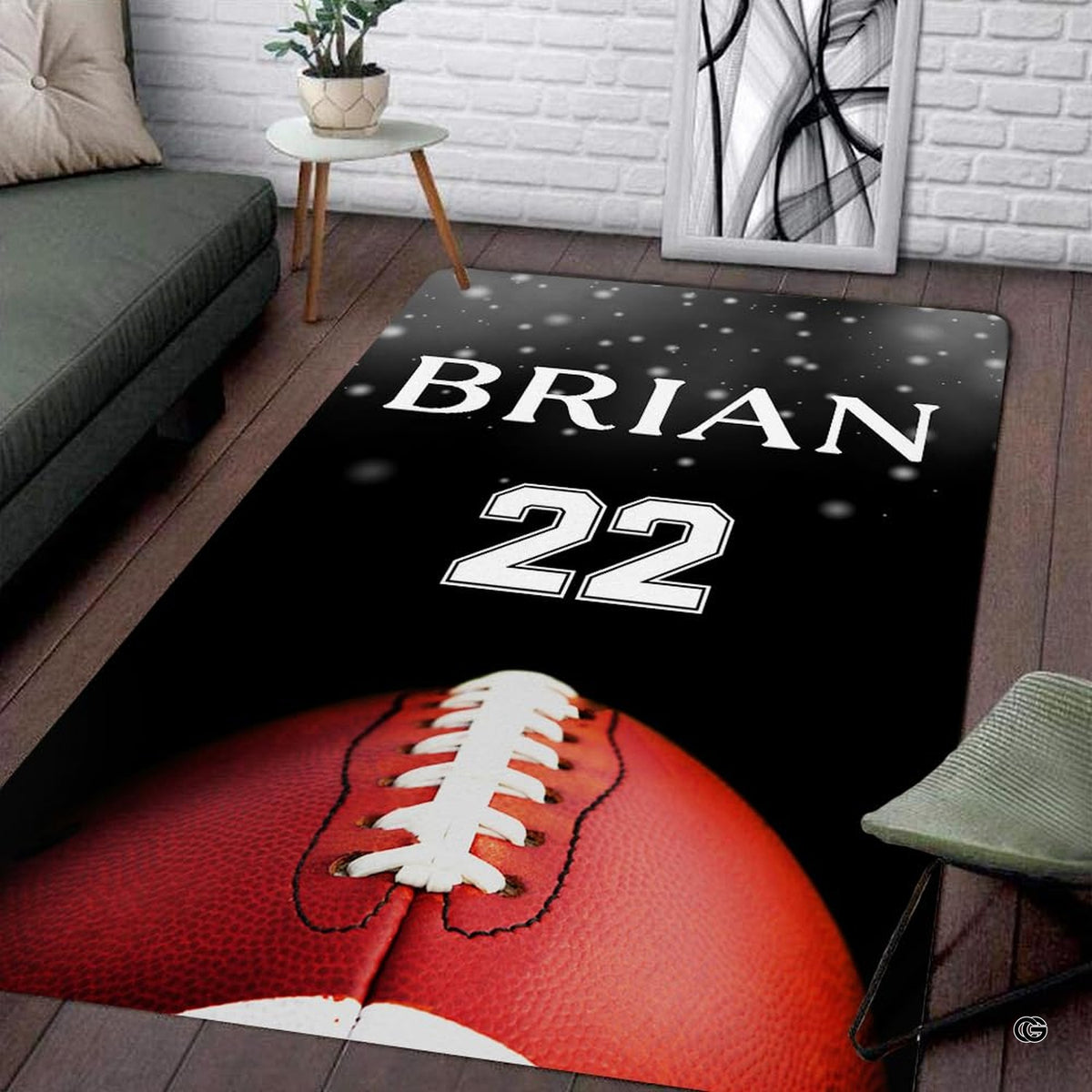 American football artwork area rug showing textured brown leather graphics and white stripes on dark background. - image 1 of 7