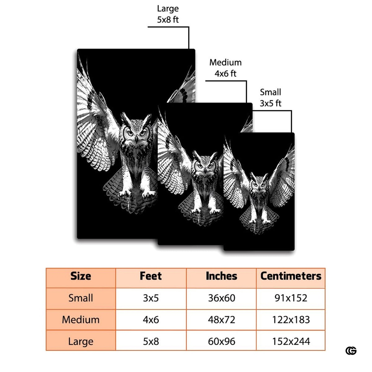 Anti-slip dot backing and hemmed edge stitching on horned owl wildlife rug
