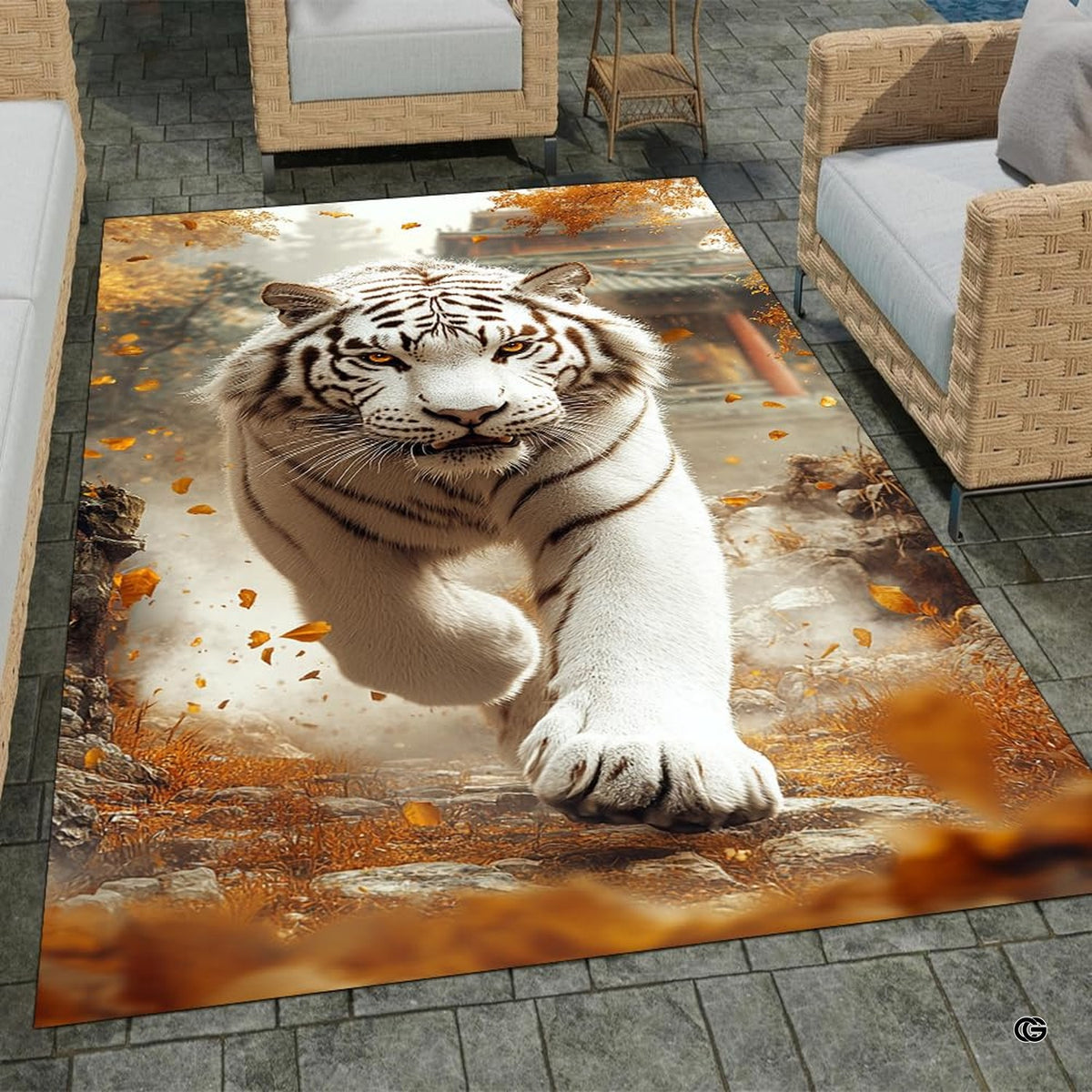Home lounge arrangement displaying the golden autumn white tiger accent rug - image 7 of 8
