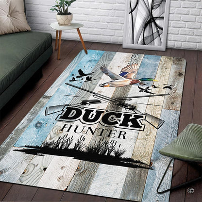 Rustic wood area rug featuring mallard decorative accent artwork, crossed shotguns, and blue weathered timber planks in a... - thumbnail image 1 of 6
