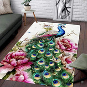 Majestic peacock oriental area rug with royal blue feathers and vibrant magenta peony blooms. - thumbnail image 1 of 8