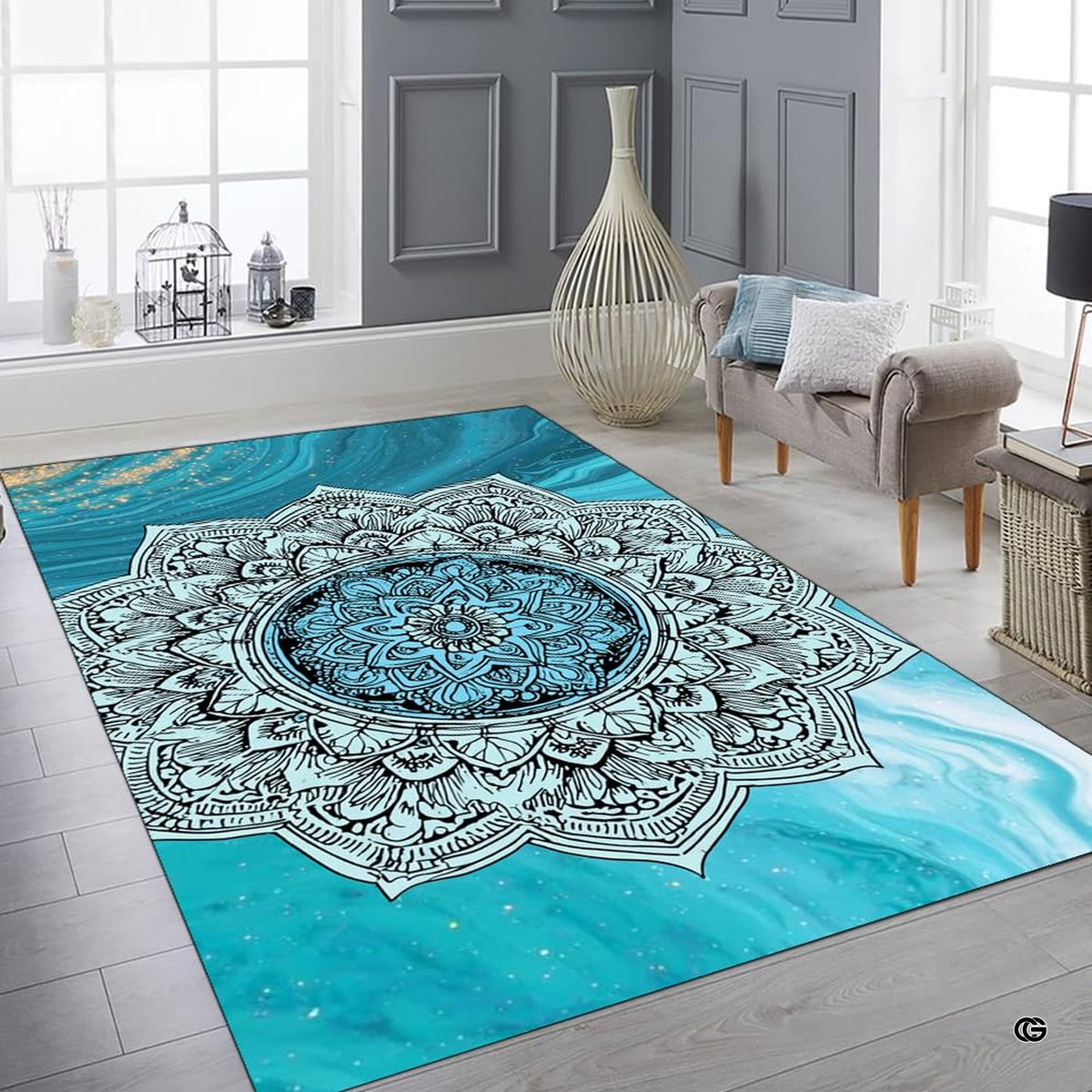 Overhead display of circle area rug living room decor with balanced geometric circular medallion - image 6 of 8