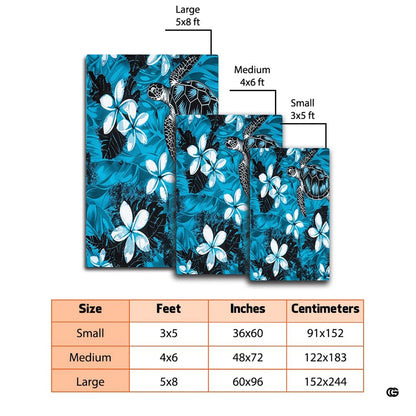 Dimension chart displaying size options for Hawaiian sea turtle area rug. - thumbnail image 2 of 7
