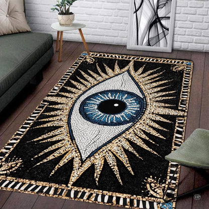 Mystic evil eye rug displaying a deep blue iris and radiating sunburst illustration with mosaic borders. - thumbnail image 1 of 8