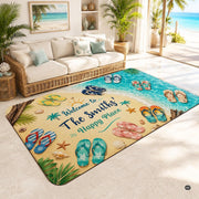 Personalized Tropical Beach Rug, Custom Family Name Tropical Outdoor Rug, Flamingo Surfboard Ocean Area Rug for Living Room, Patio, Beach House Decor, Design 01
