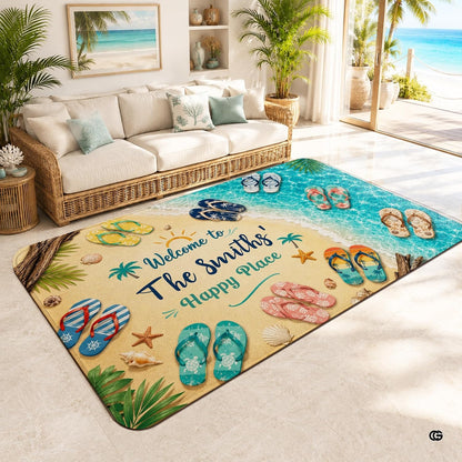 Personalized Tropical Beach Rug, Custom Family Name Tropical Outdoor Rug, Flamingo Surfboard Ocean Area Rug for Living Room, Patio, Beach House Decor, Design 01