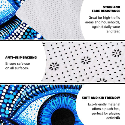 Infographic illustrating anti-slip backing, stain resistance, and kid-friendly plush microfiber - thumbnail image 4 of 8
