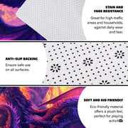 Infographic showing the non-skid dot backing and edge stitching of the fantasy dragon rug - thumbnail image 4 of 8