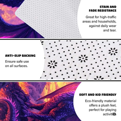 Infographic showing the non-skid dot backing and edge stitching of the fantasy dragon rug - thumbnail image 4 of 8