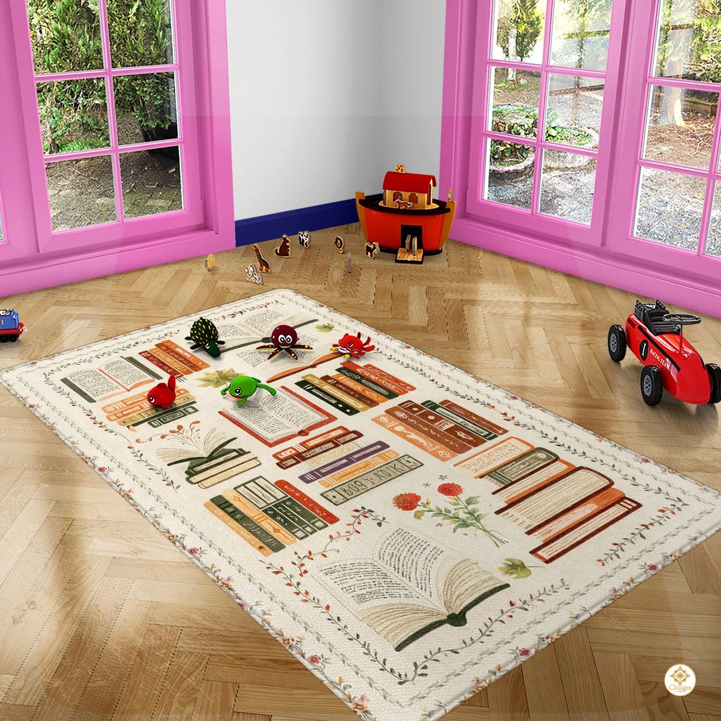 Custom Vintage Book Doormat with Floral Details and Cat Design