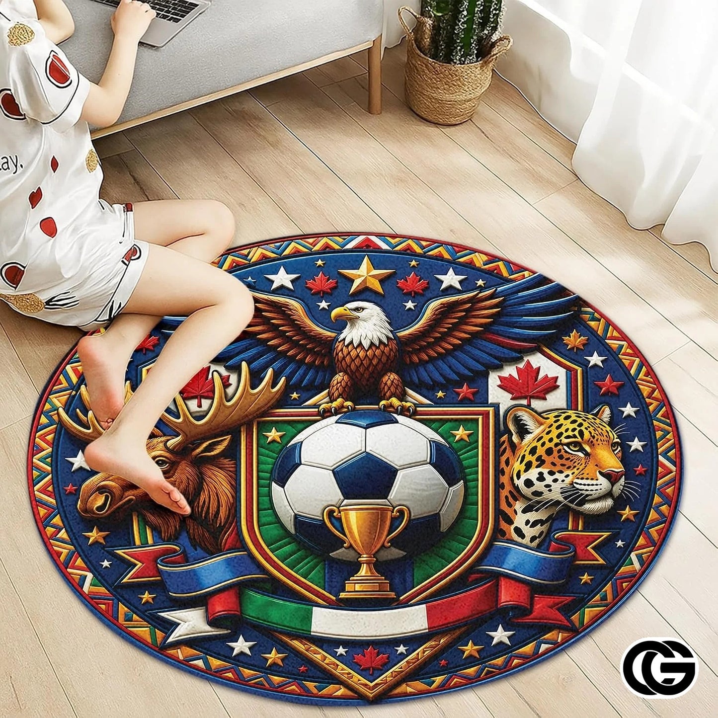 Custom Soccer Championship Round Rug with World Flags and Trophy