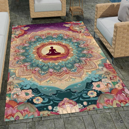 Patio stone lounge with wicker seating displaying the meditating yoga mandala area rug - thumbnail image 1 of 8
