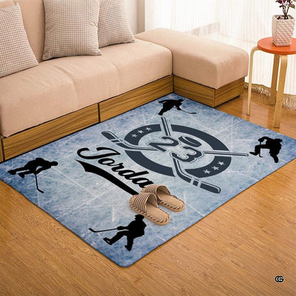 Styling presentation of the ice hockey themed floor rug inside an athletic fan lounge setting. - thumbnail image 7 of 7