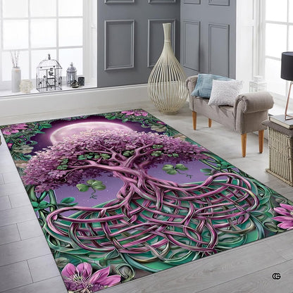 Lifestyle mockup showing the purple Celtic tree rug centered on a contemporary wood floor - thumbnail image 8 of 8