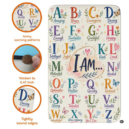 Top-down overhead view of rectangular positive alphabet affirmations classroom area rug - thumbnail image 7 of 7