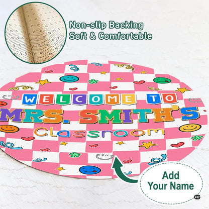 Full display view of checkered round rug highlighting vibrant pastel tones and cheerful doodle art. - thumbnail image 7 of 7