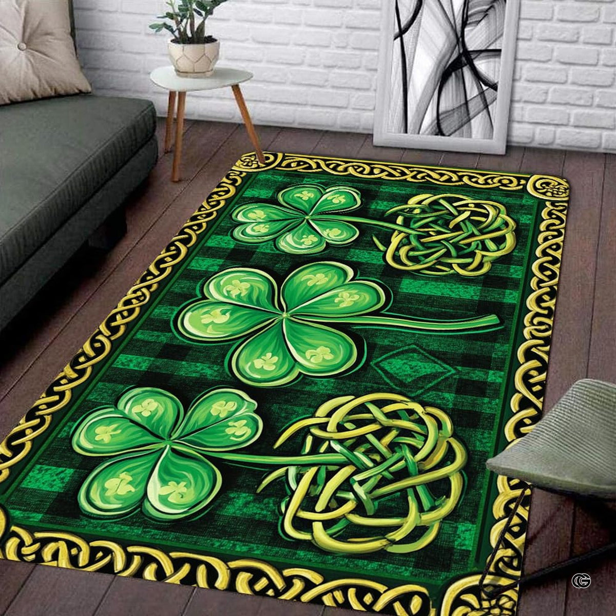Dimensions and sizing chart for Celtic knotwork shamrock plaid area rug - image 2 of 9