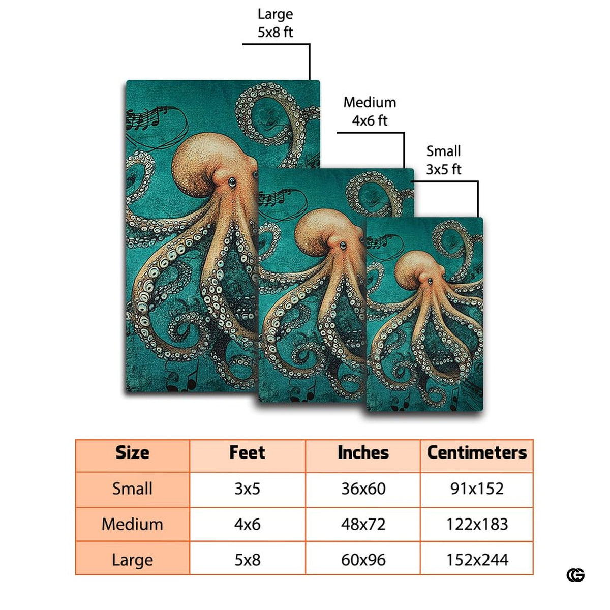 Detailed view of copper and ochre kraken tentacles on a vintage ocean motif rug. - image 2 of 7