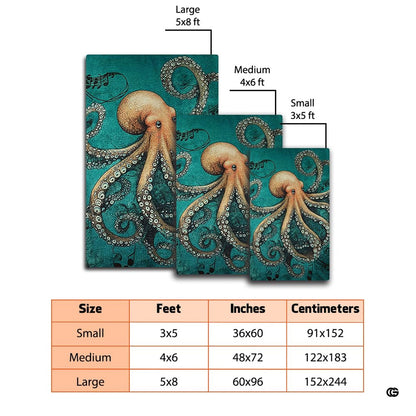 Detailed view of copper and ochre kraken tentacles on a vintage ocean motif rug. - thumbnail image 2 of 7