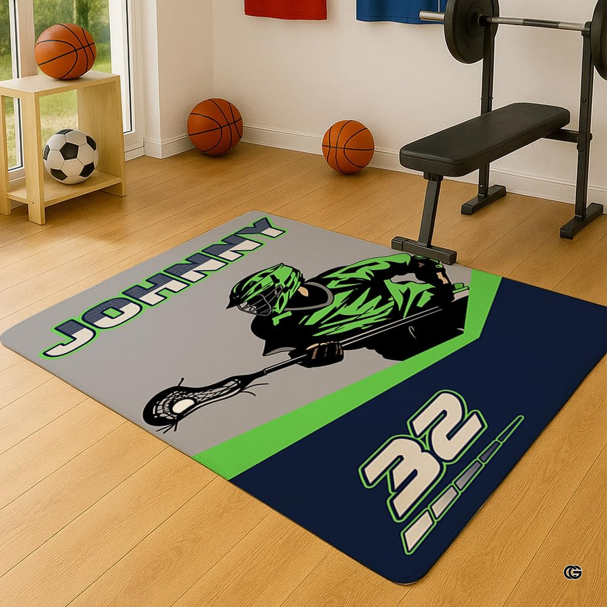 Graphic sport artwork on dynamic area rugs 9x12 with neon lime green and navy color accents. - image 3 of 8