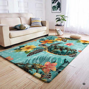 Coastal hibiscus sea turtle area rug styled on hardwood flooring in living room. - thumbnail image 4 of 7