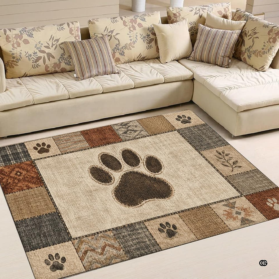 Rustic paw print medallion patchwork border area rug - view 1