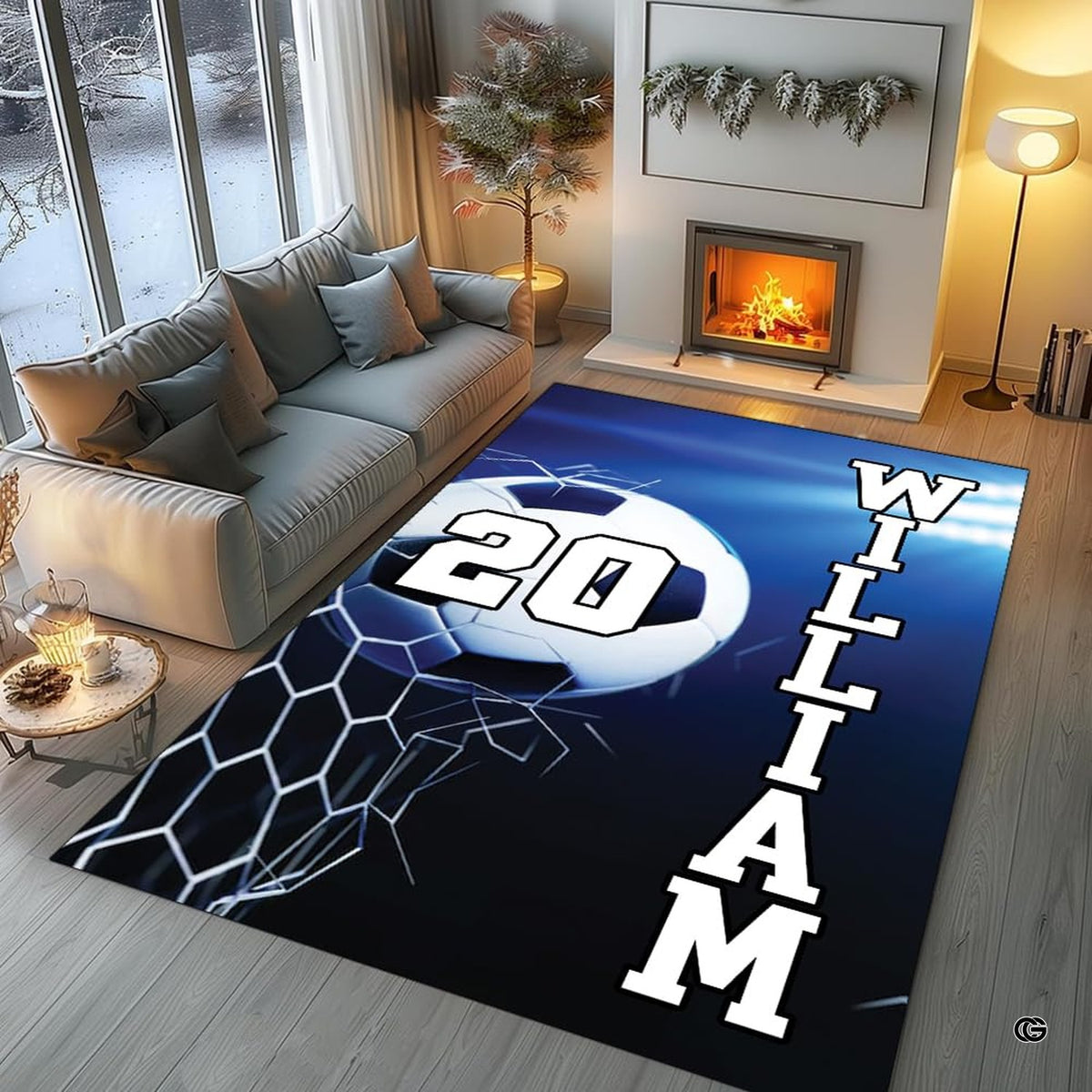 Game room layout displaying the soccer ball and net design rug on hardwood flooring - image 5 of 7