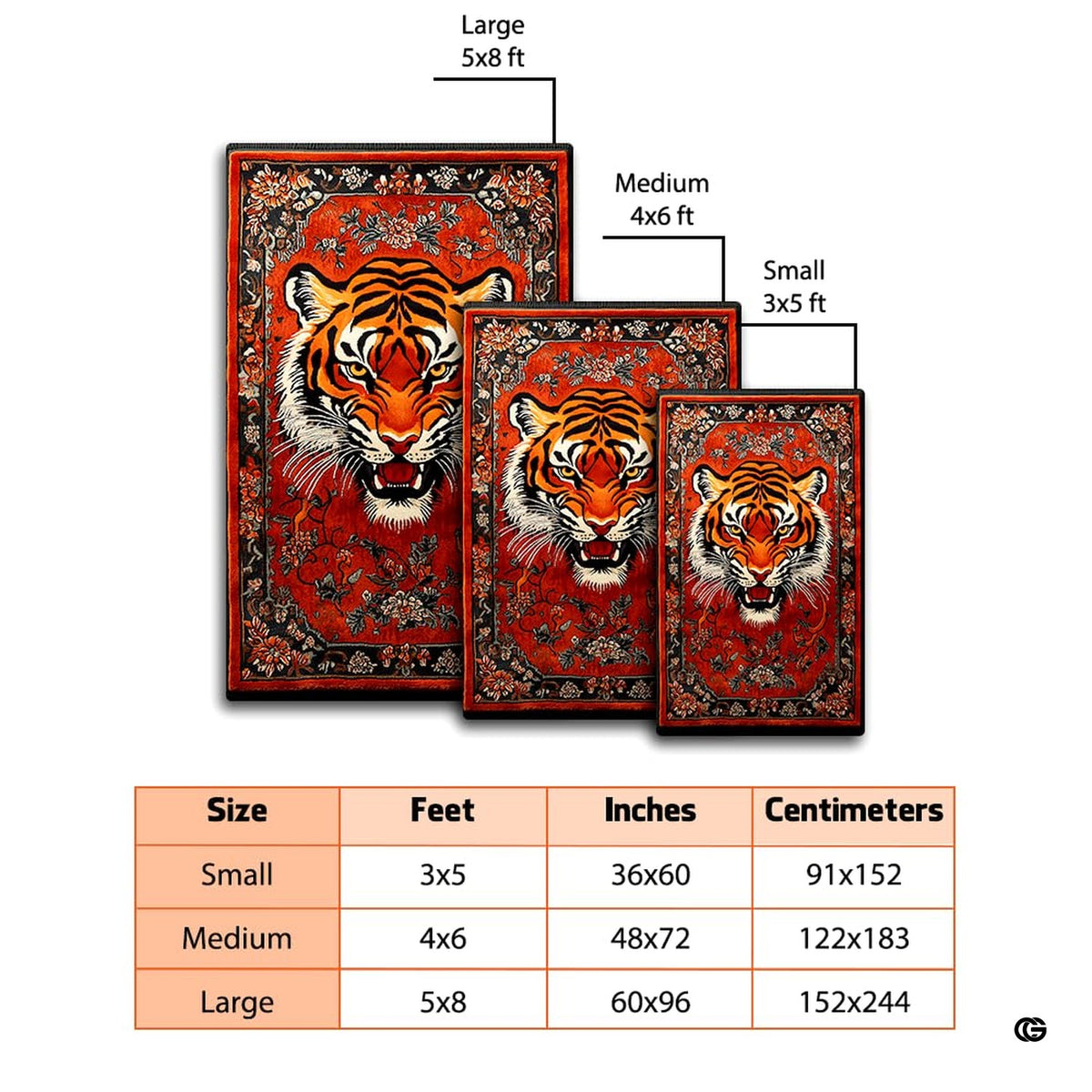 Dimensions and sizing chart for crimson red antique oriental tiger area rug - image 2 of 8