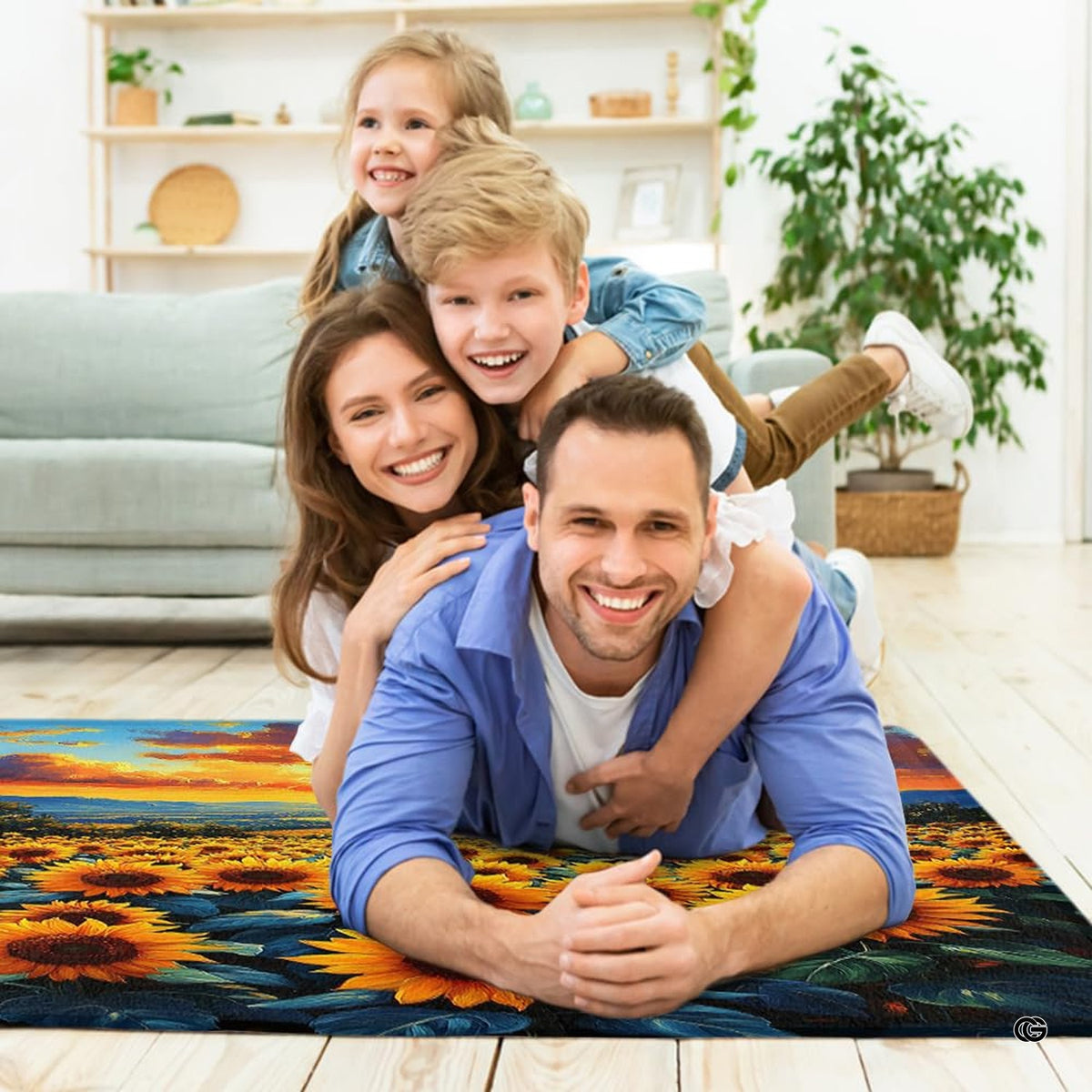 Sunset sunflower meadow area rug styled in modern farmhouse living room - image 5 of 7