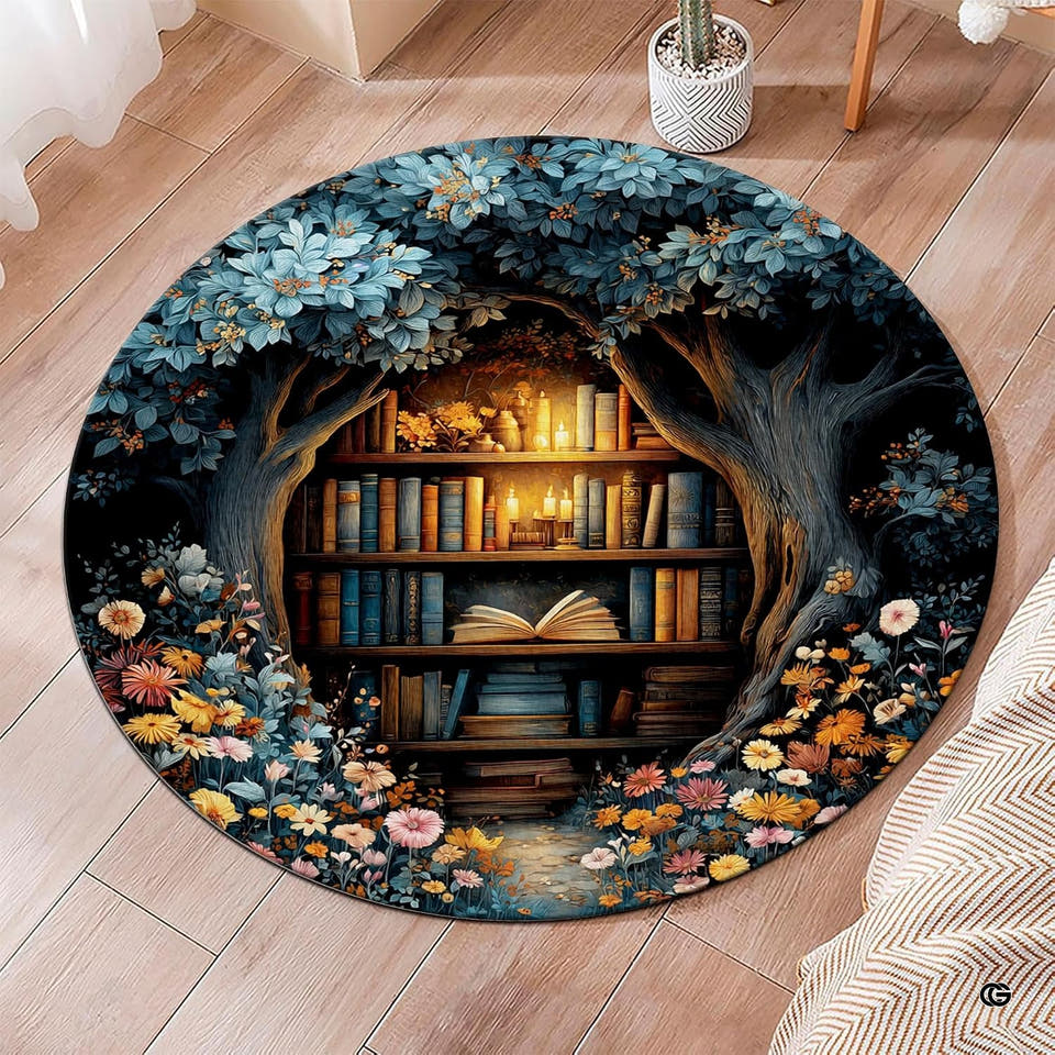 Round area rug on wooden floor featuring an enchanted tree bookshelf design