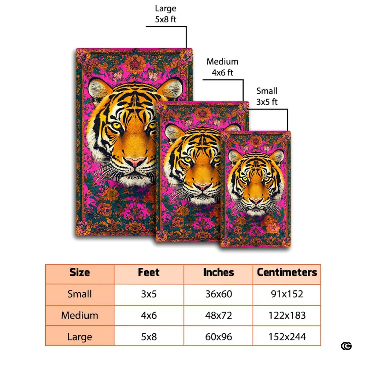 Dimensions and sizing chart for bohemian pink floral tiger portrait area rug - image 2 of 8
