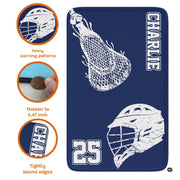 Sunlit bedroom corner displaying the navy blue lacrosse player sports rug - thumbnail image 6 of 9