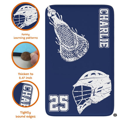 Sunlit bedroom corner displaying the navy blue lacrosse player sports rug - thumbnail image 6 of 9