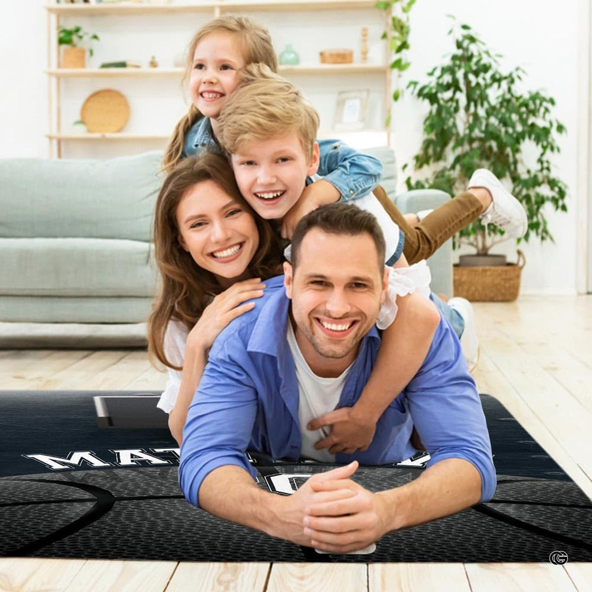 Monochrome basketball graphic area rug styled as central accent for sports themed bedroom decor.