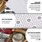 Infographic showing the non-skid dot backing and edge stitching of the baseball rug - thumbnail image 4 of 8